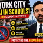 New York City AI school ban affecting nearly 600,000 students, featuring NYC Mayor Zohran Mamdani, a student using a laptop with a banned AI symbol, and a classroom background highlighting the one-year AI moratorium through eighth grade.