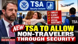 DHS Secretary Mark Wayne Mullen featured in a TSA airport security thumbnail about allowing non-travelers to pass through security and accompany loved ones to the gate